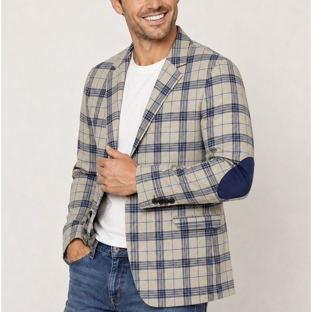 Crown & Ivy Mens 42R Plaid Blazer Blue Elbow Patch Sport Coat Beige Navy